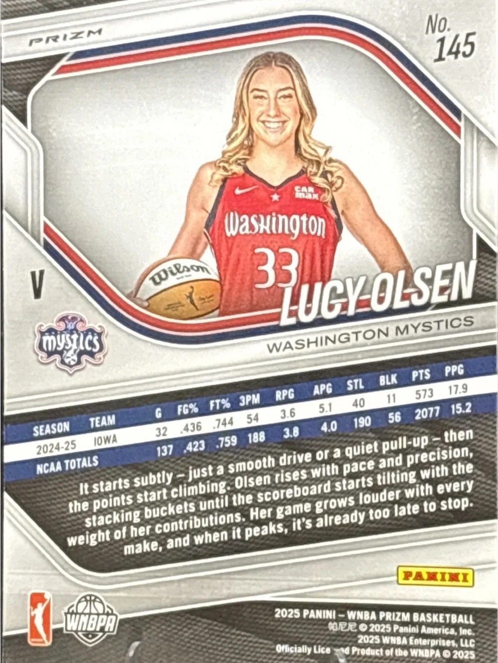 Panini Prizm Lucy Olsen Washington Mystics Rookie Basketball Card Refractor